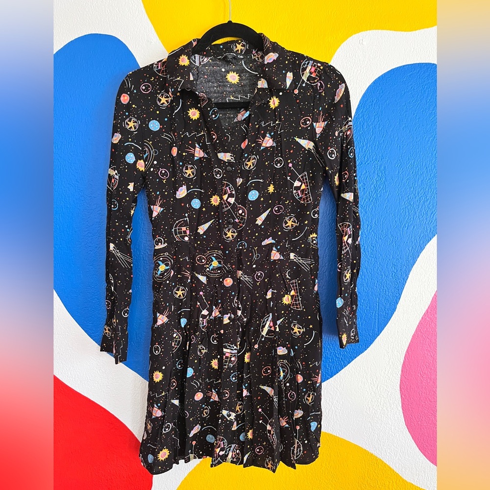 & Other Stories Black Cosmic Galaxy Print Pleated Shirt Dress